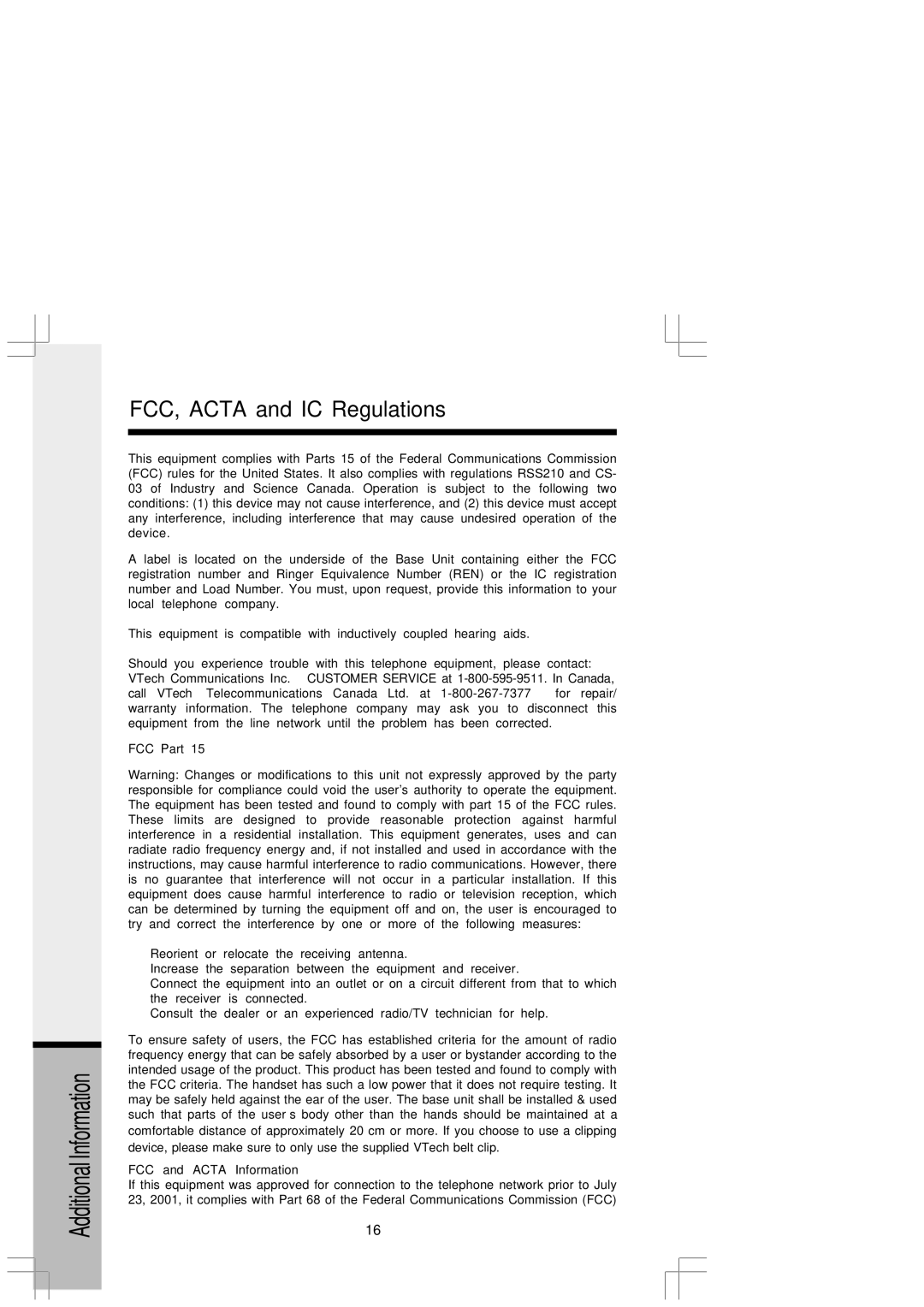 VTech I5808 manual FCC, Acta and IC Regulations, FCC Part 