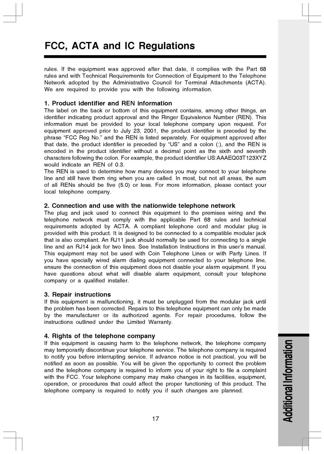 VTech I5808 manual Product identifier and REN information, Connection and use with the nationwide telephone network 