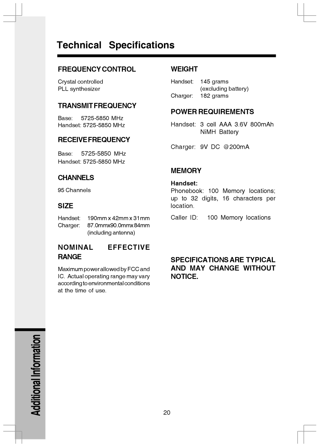 VTech I5808 manual Technical Specifications, Handset 