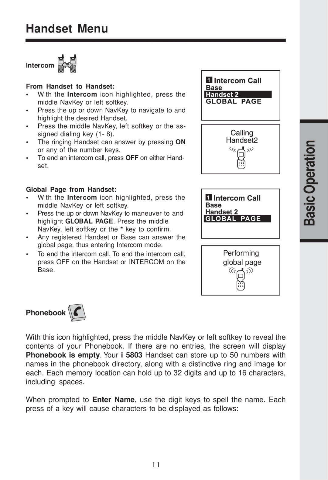 VTech I 5867, I5866, I5857 user manual Phonebook, Intercom From Handset to Handset, Global Page from Handset 