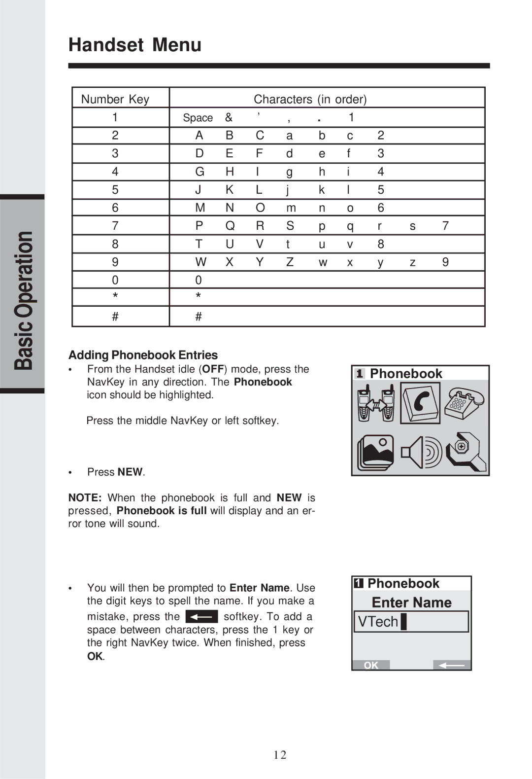 VTech I5866, I5857, I 5867 user manual Basic Operation Handset Menu, Adding Phonebook Entries 