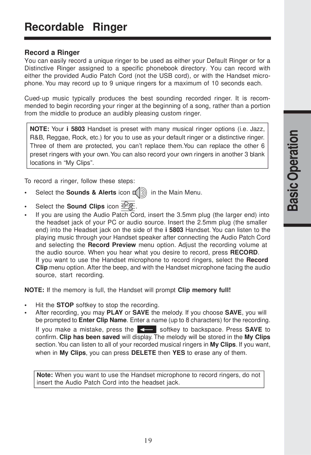 VTech I5857, I5866, I 5867 user manual Recordable Ringer, Record a Ringer 