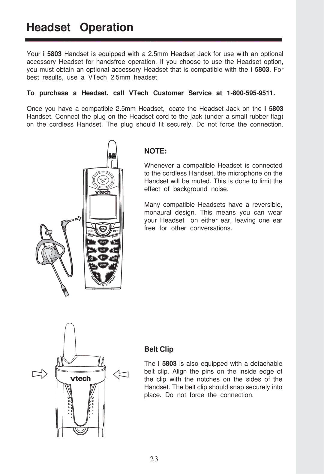 VTech I 5867, I5866, I5857 user manual Headset Operation, Belt Clip, To purchase a Headset, call VTech Customer Service at 