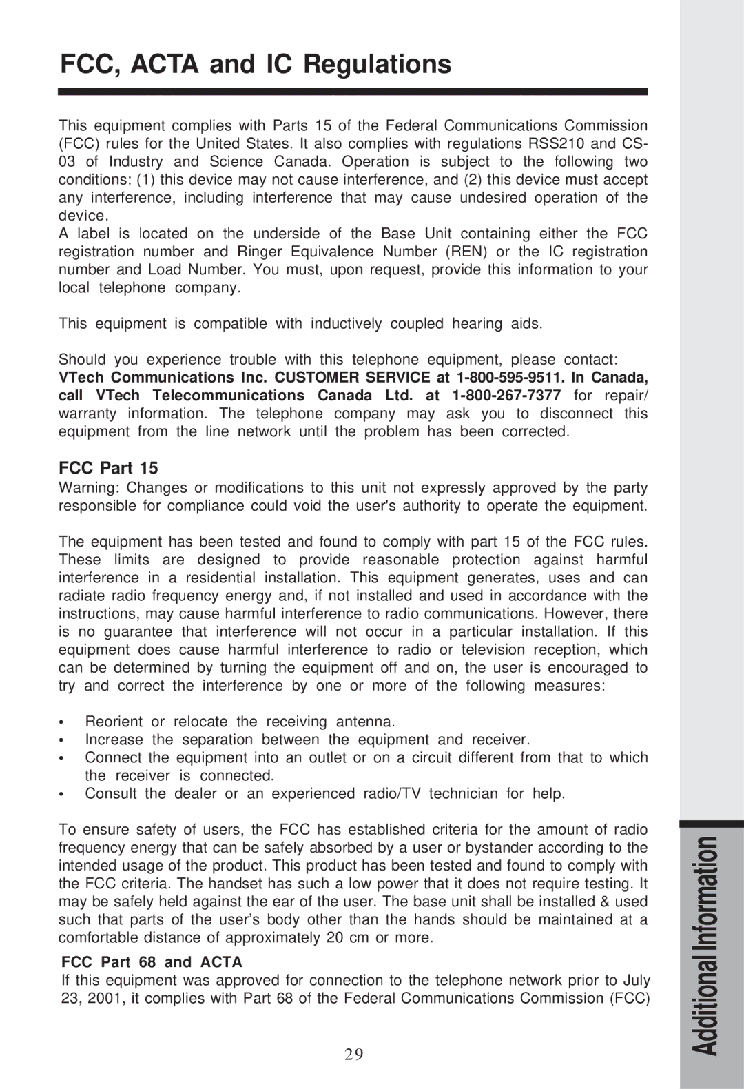 VTech I 5867, I5866, I5857 user manual FCC, Acta and IC Regulations, FCC Part 68 and Acta 