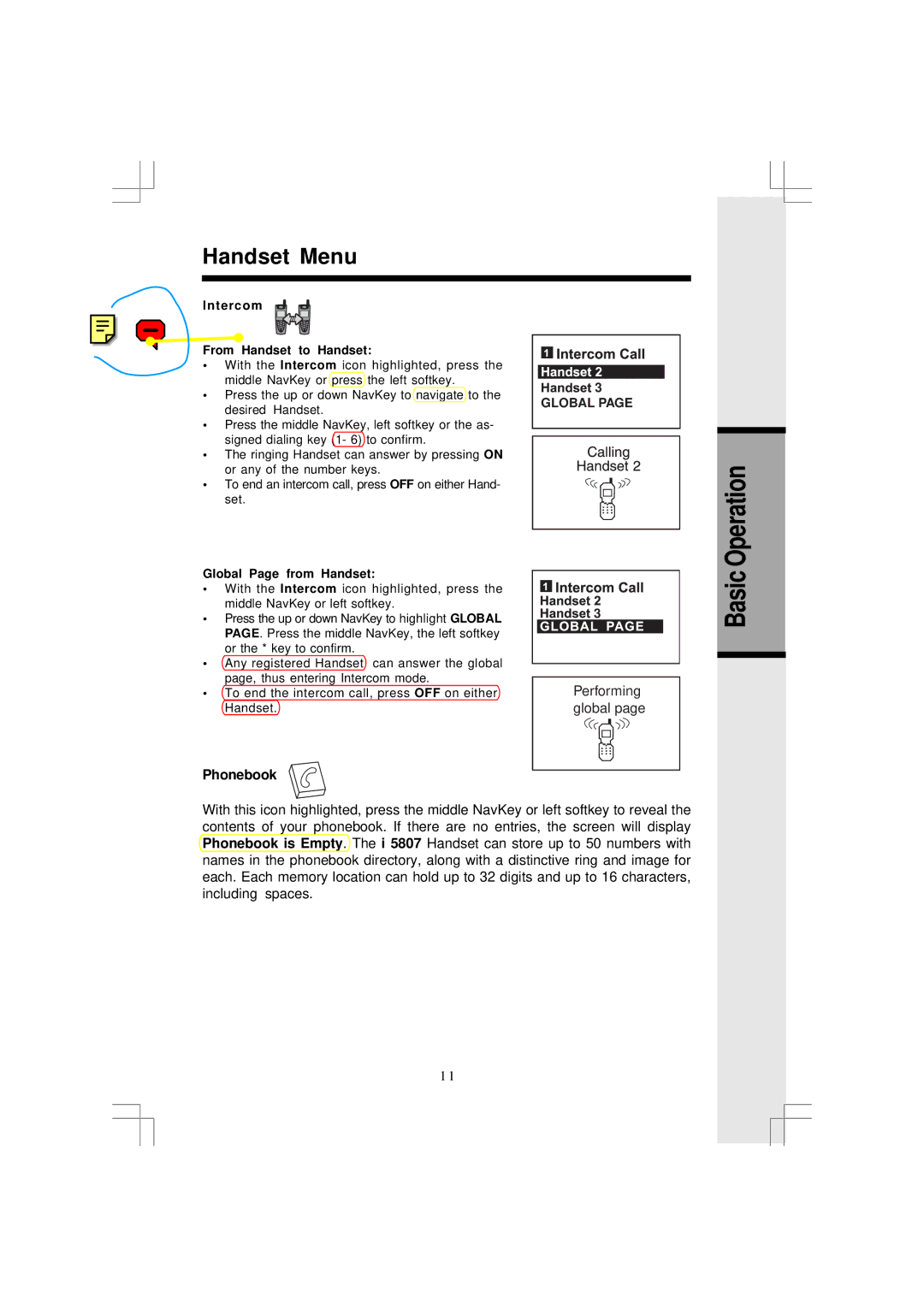 VTech I5867, I5866 user manual Operation, Basic, Phonebook, Intercom From Handset to Handset, Global Page from Handset 