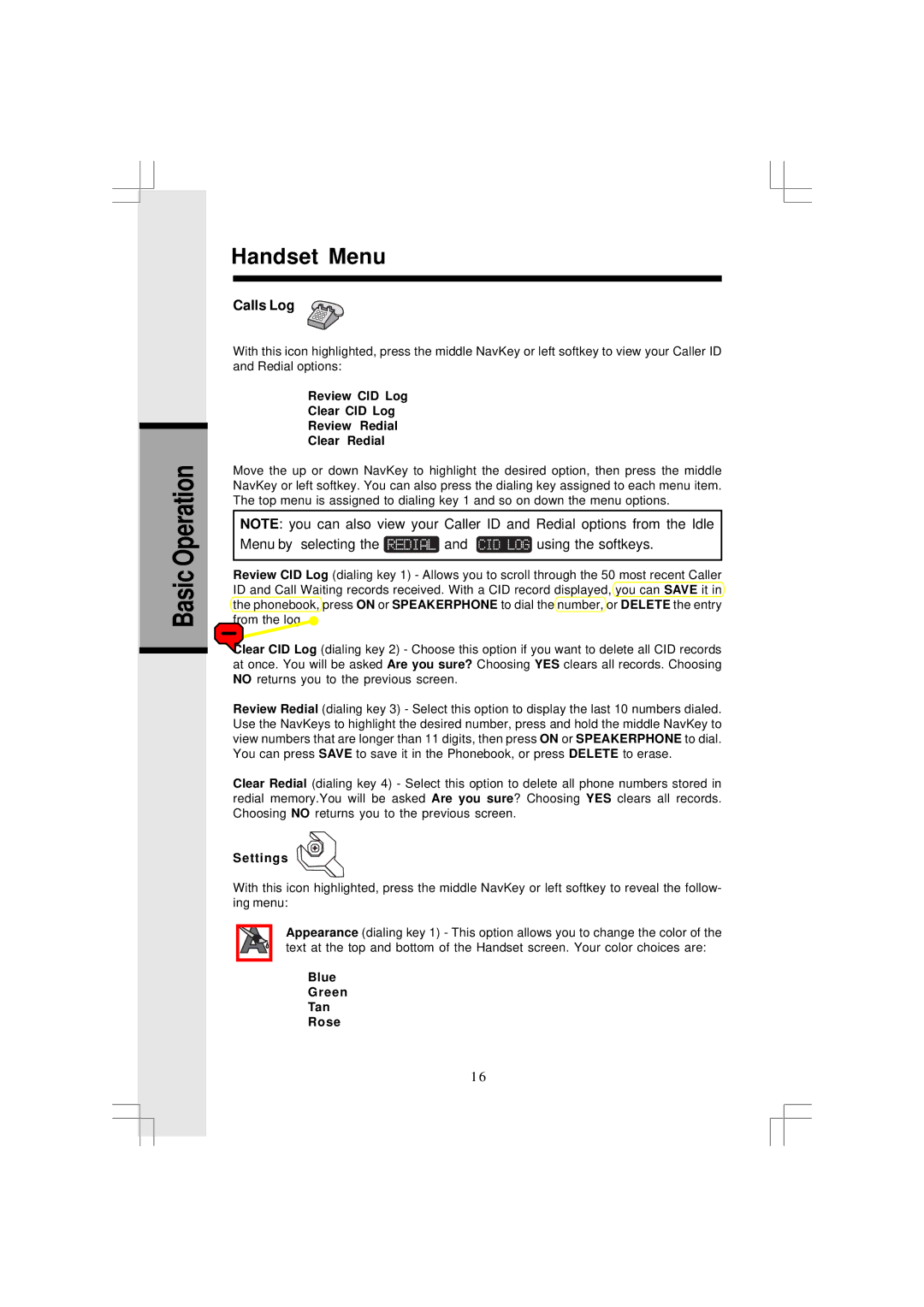 VTech I5866 Basic Operation Handset Menu, Calls Log, Review CID Log Clear CID Log Review Redial Clear Redial, Settings 