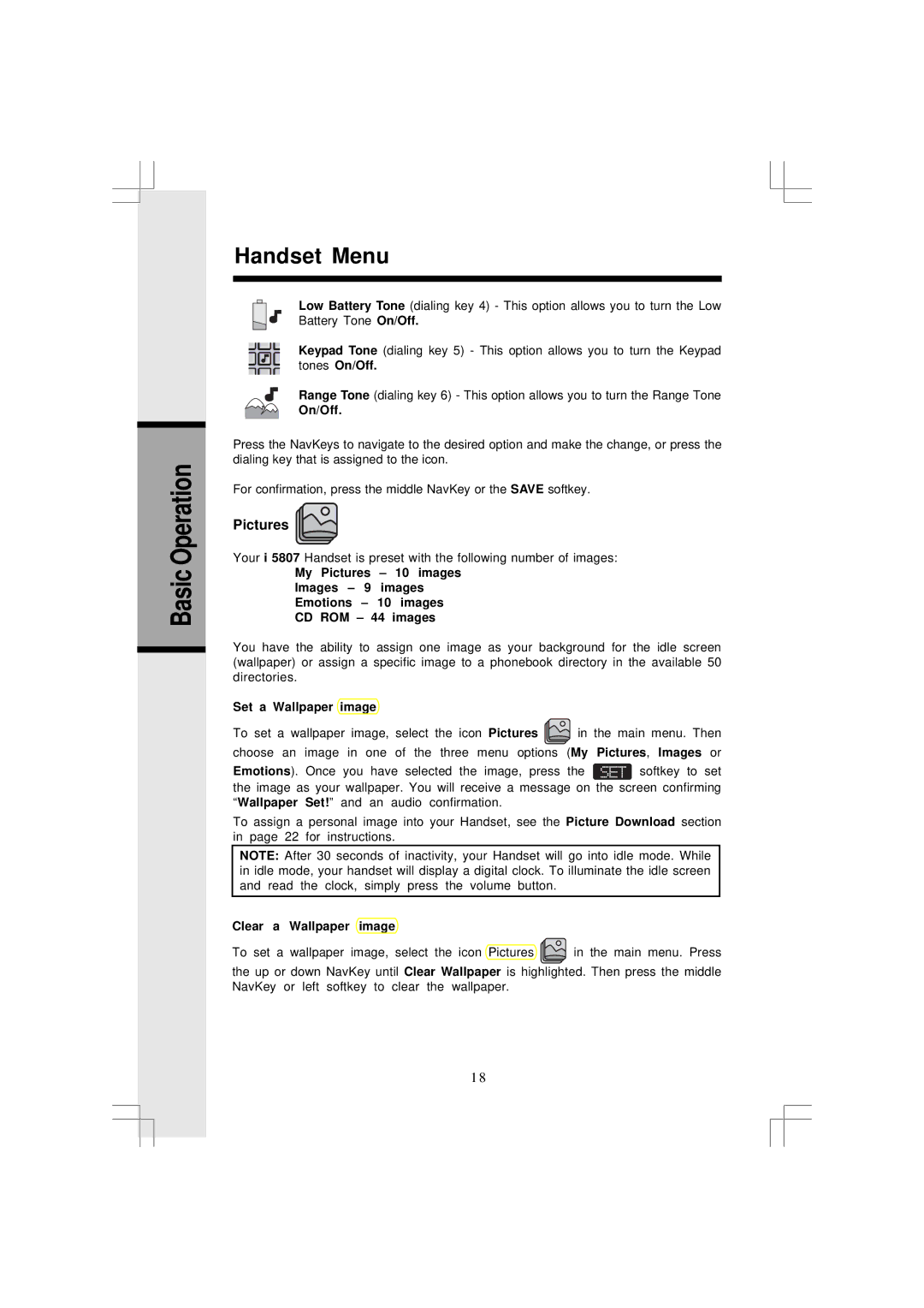 VTech I5866, I5867 user manual Pictures, On/Off, Set a Wallpaper image, Clear a Wallpaper image 