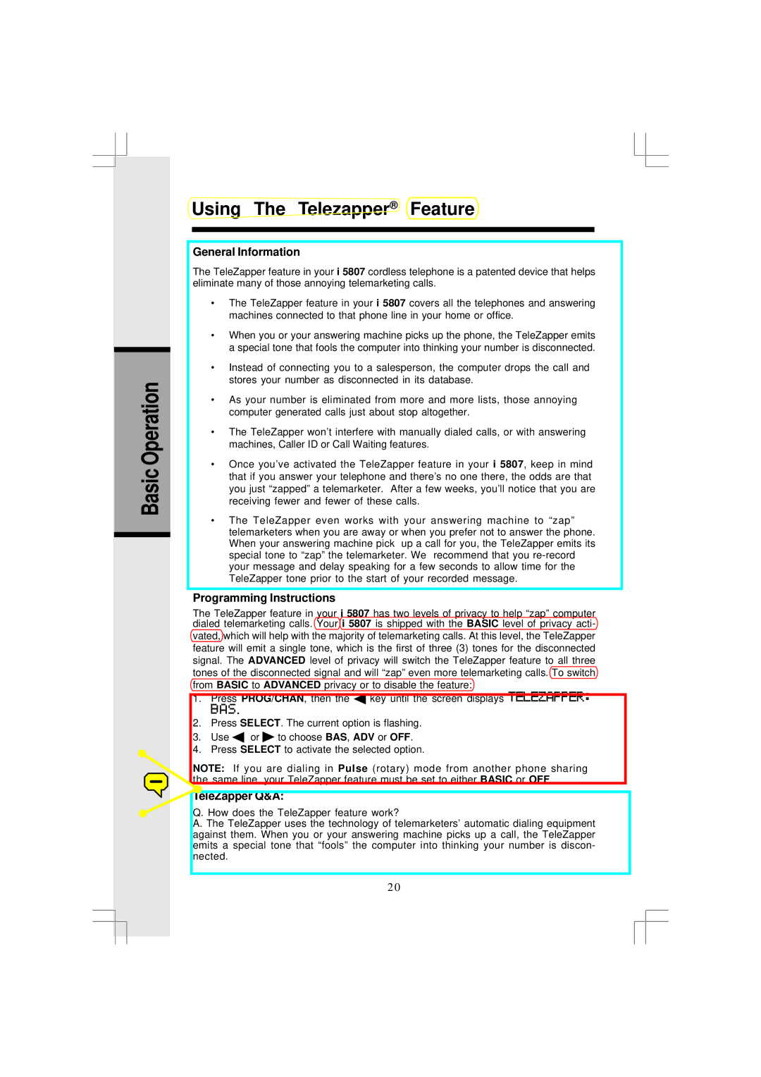 VTech I5866 Basic Operation Using The Telezapper Feature, General Information, Programming Instructions, TeleZapper Q&A 