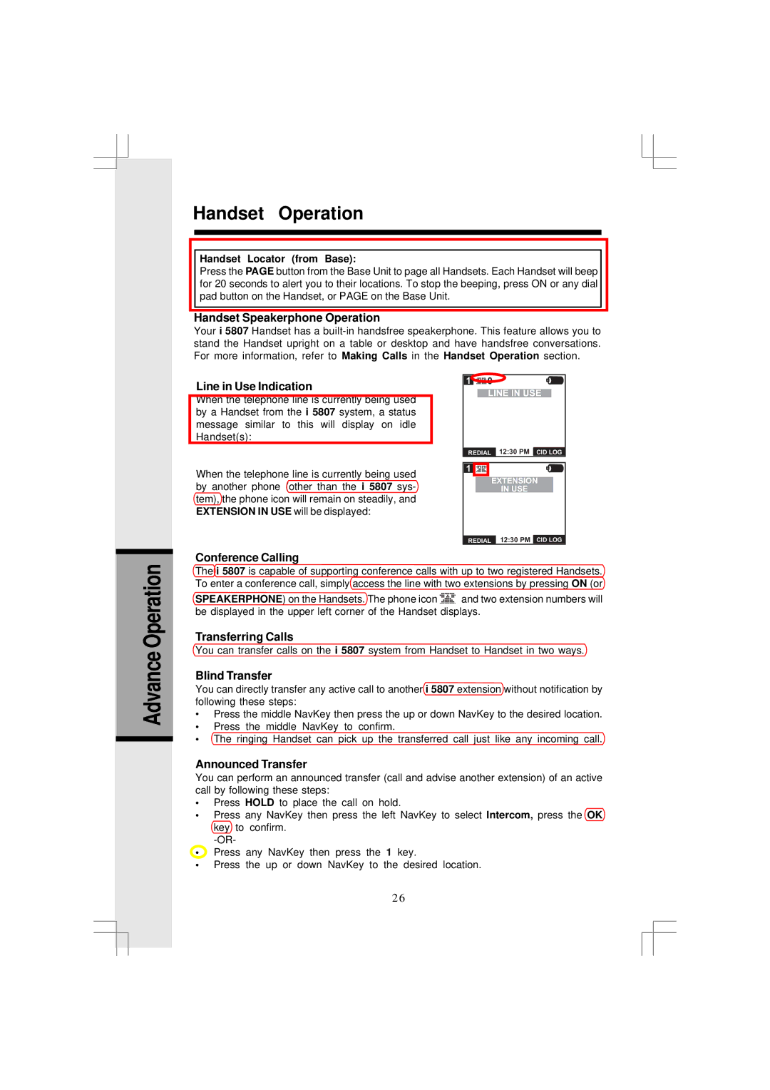 VTech I5866 Handset Speakerphone Operation, Line in Use Indication, Conference Calling, Transferring Calls, Blind Transfer 