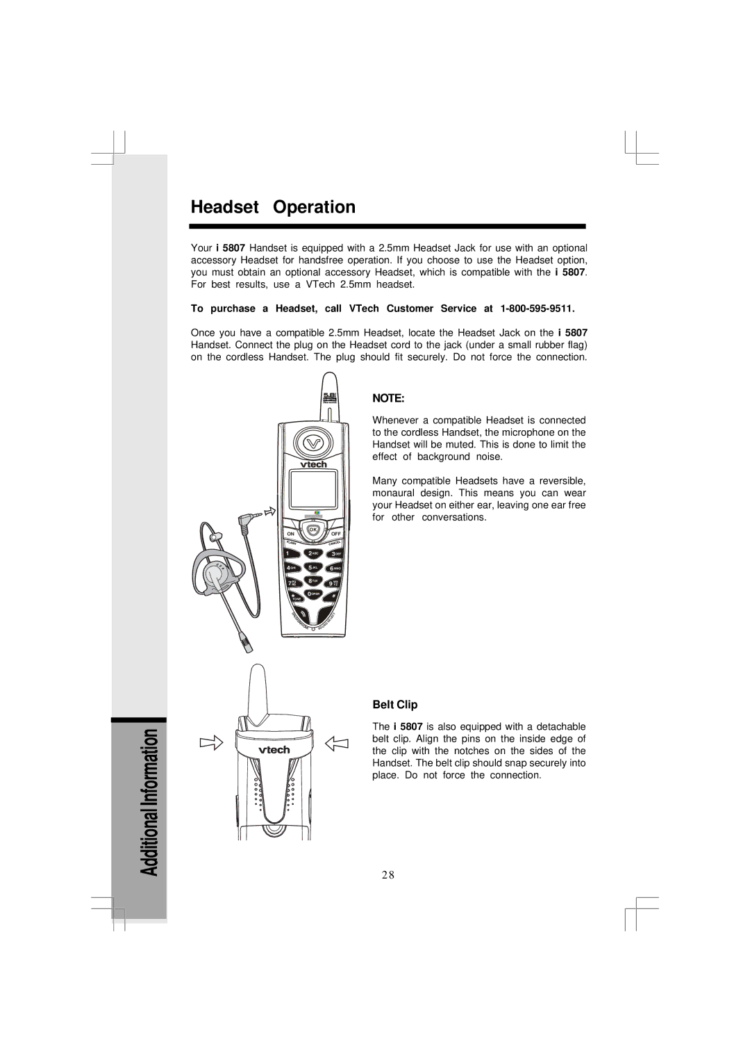 VTech I5866, I5867 user manual Headset Operation, Belt Clip, To purchase a Headset, call VTech Customer Service at 