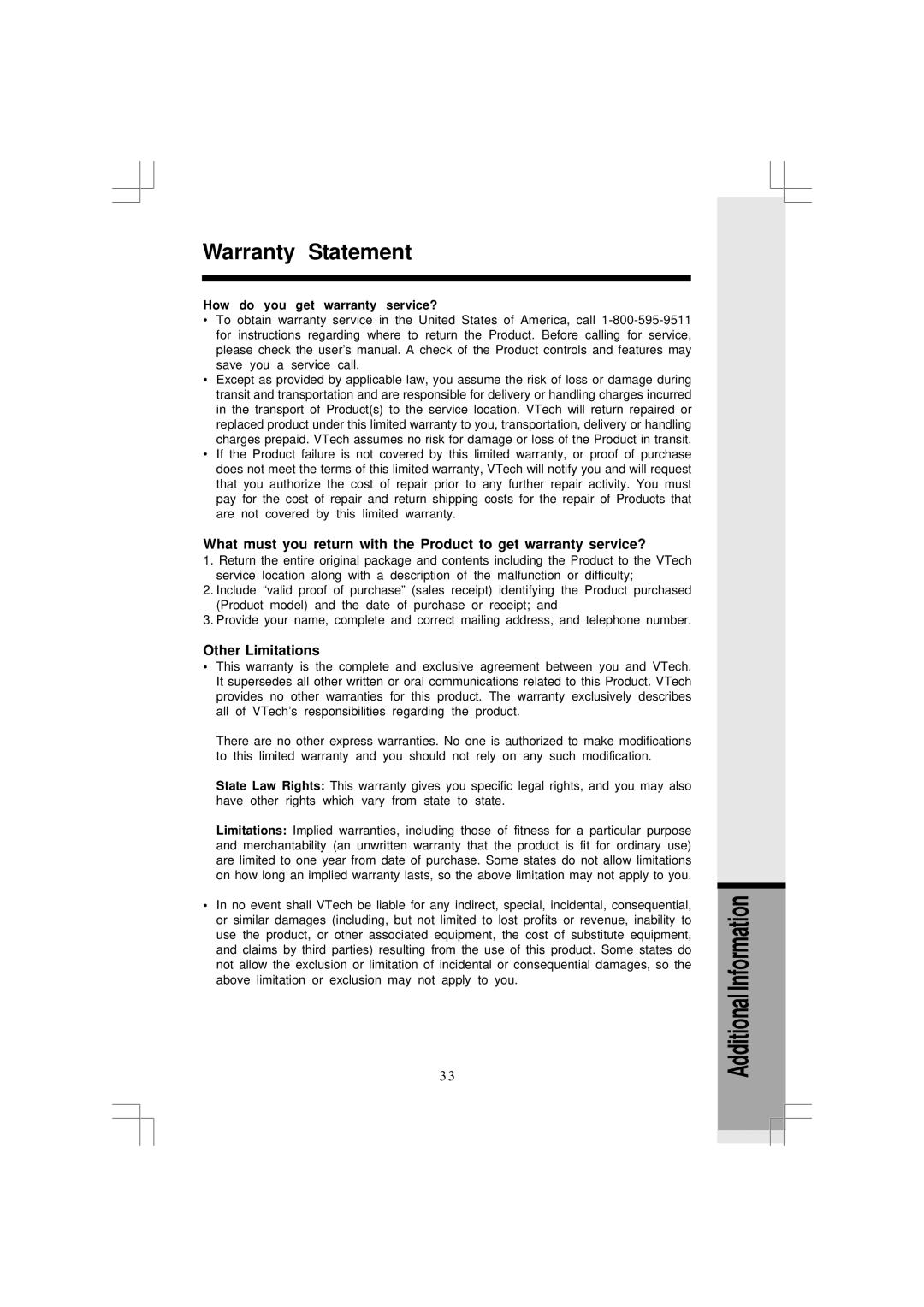 VTech I5867, I5866 user manual Other Limitations, How do you get warranty service? 