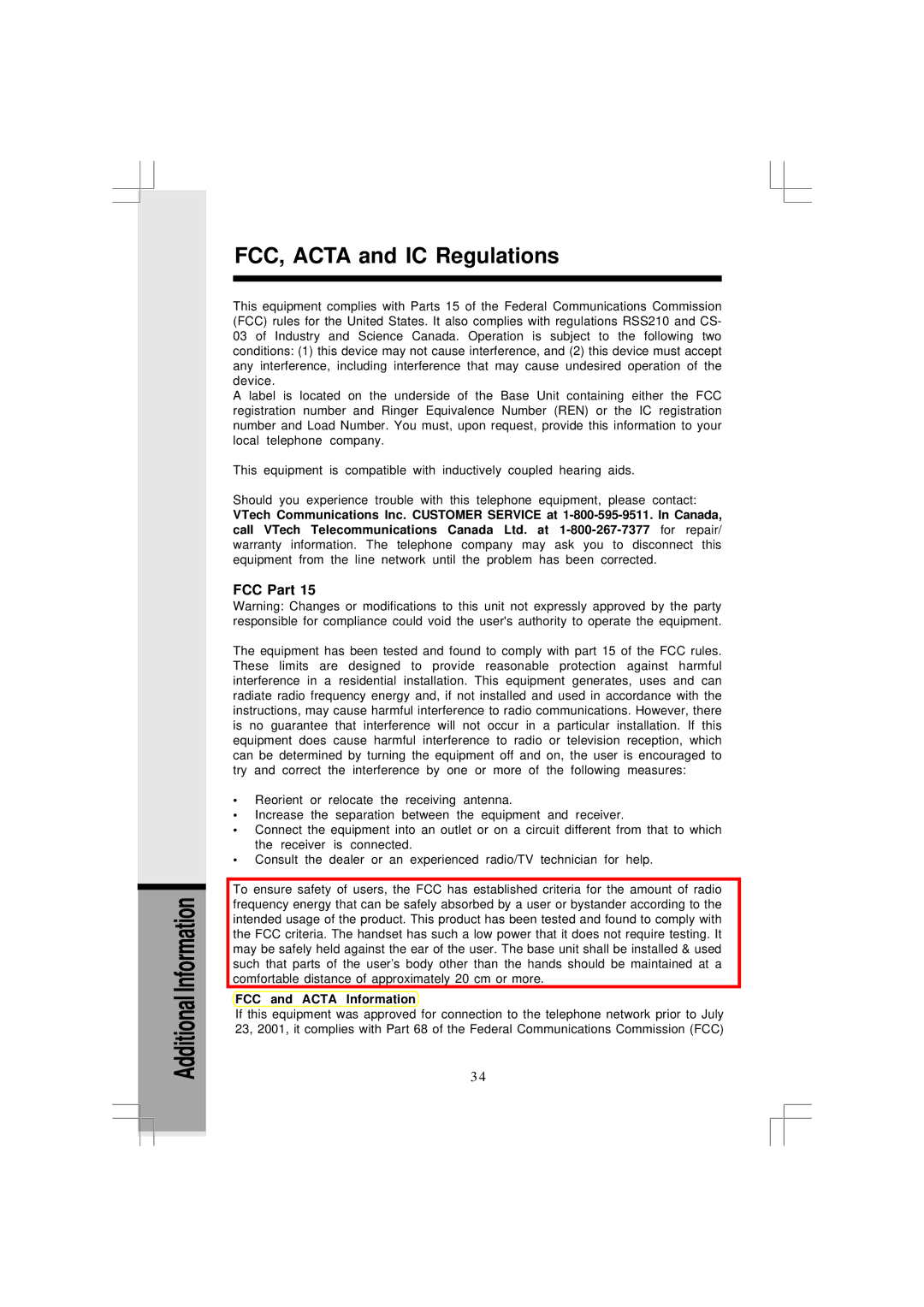 VTech I5866, I5867 user manual FCC, Acta and IC Regulations, FCC Part, FCC and Acta Information 