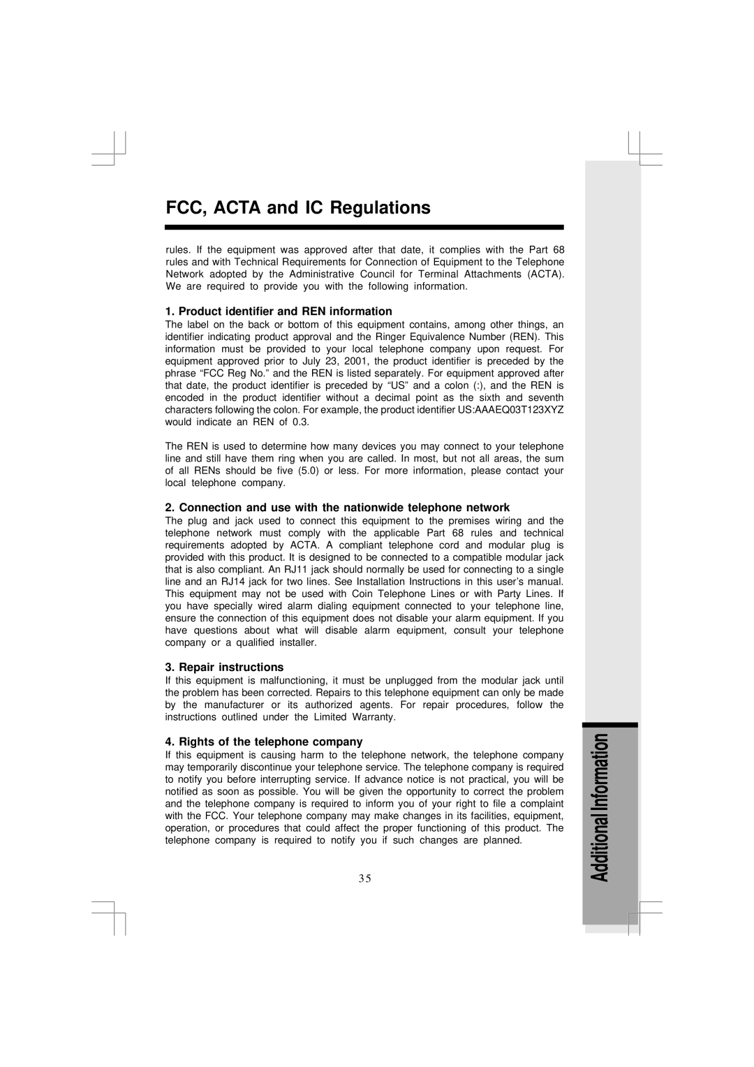 VTech I5867, I5866 Product identifier and REN information, Connection and use with the nationwide telephone network 