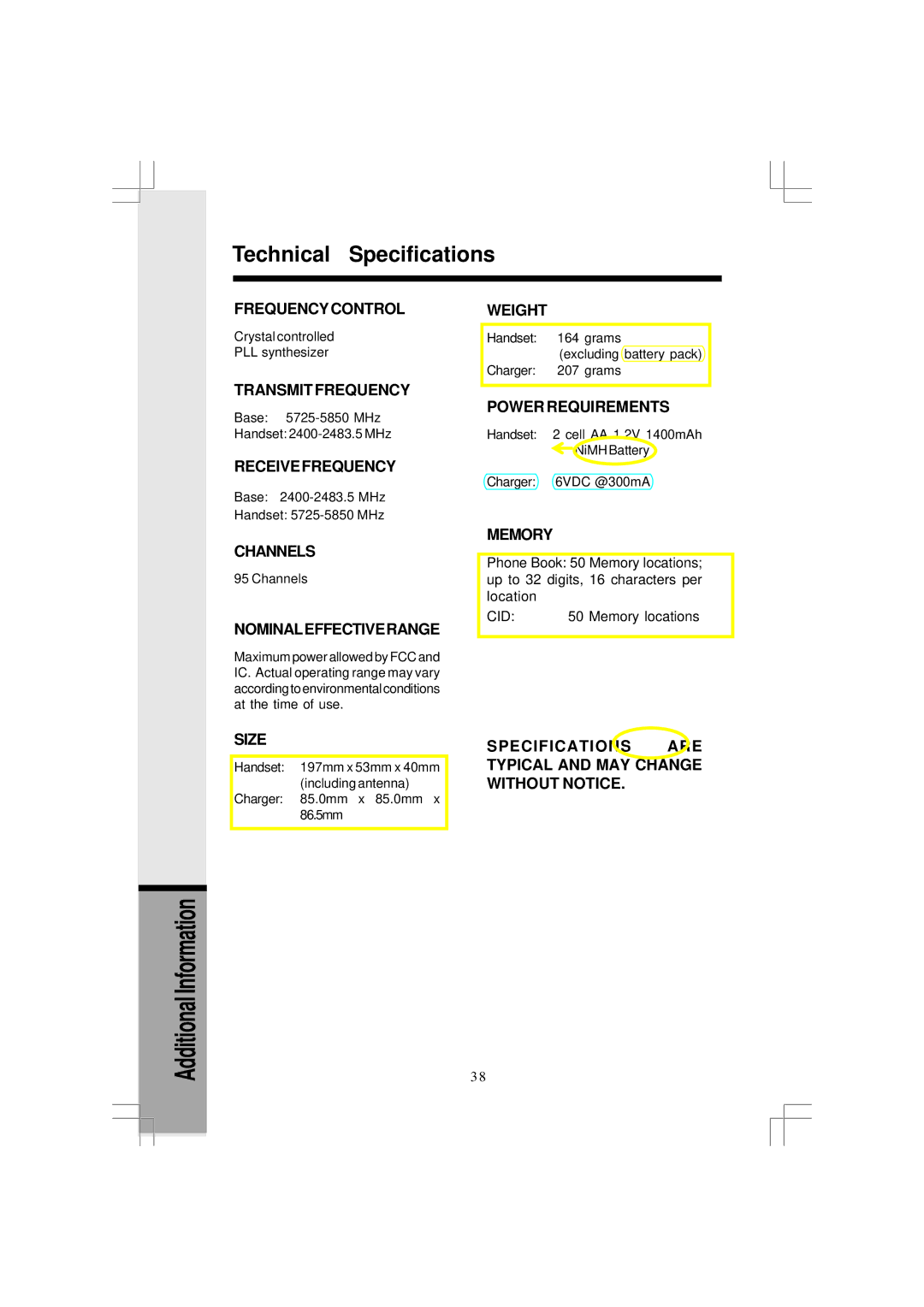 VTech I5866, I5867 user manual Technical Specifications, Nominaleffectiverange 