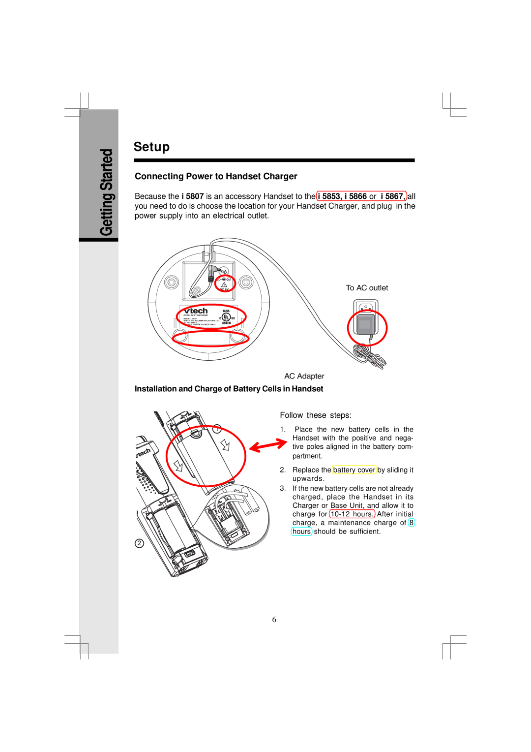 VTech I5866, I5867 user manual Getting Started Setup, Installation and Charge of Battery Cells in Handset 