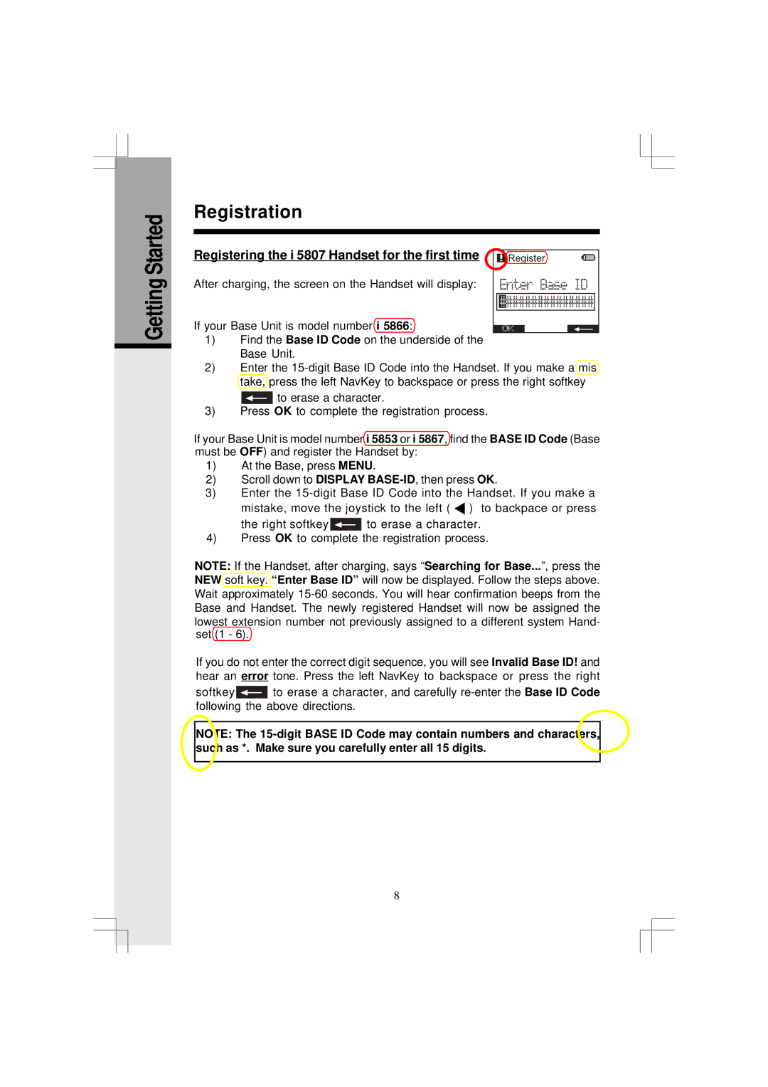 VTech I5866, I5867 user manual Getting Started Registration, Registering the i 5807 Handset for the first time 