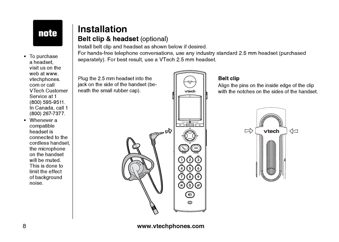 VTech i5871, 5873 important safety instructions Belt clip & headset optional 