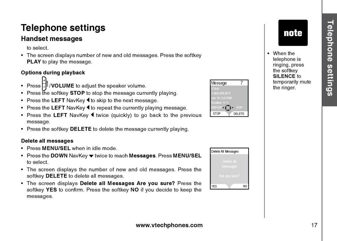 VTech 5873, i5871 important safety instructions Options during playback, Delete all messages 