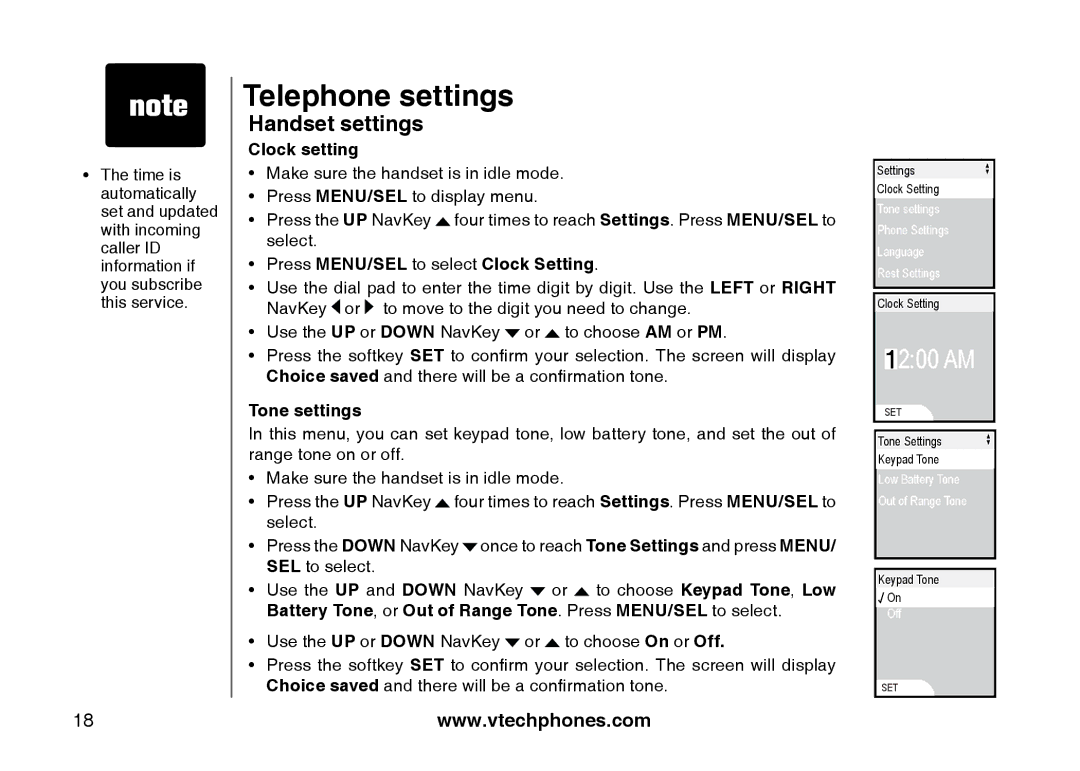 VTech i5871, 5873 Handset settings, Clock setting, Press MENU/SEL to select Clock Setting, Tone settings 