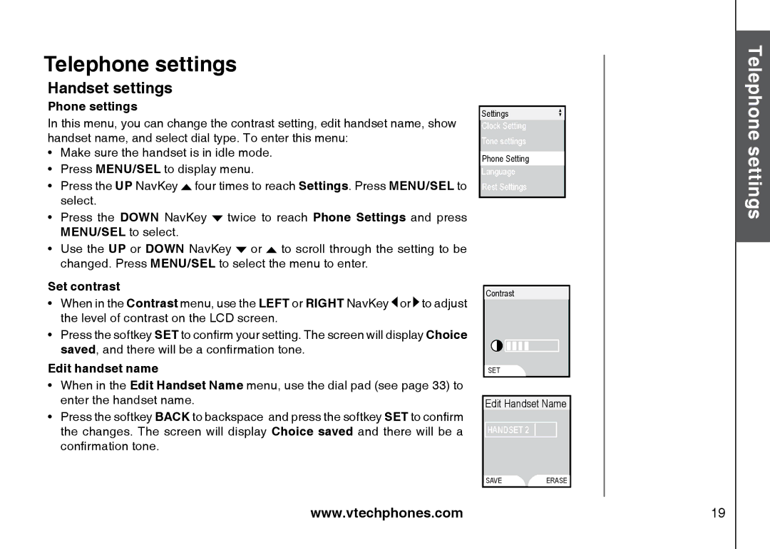 VTech 5873, i5871 important safety instructions Phone settings, Set contrast, Edit handset name 