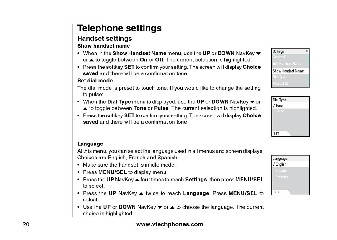 VTech i5871, 5873 important safety instructions Show handset name, Set dial mode, Language 