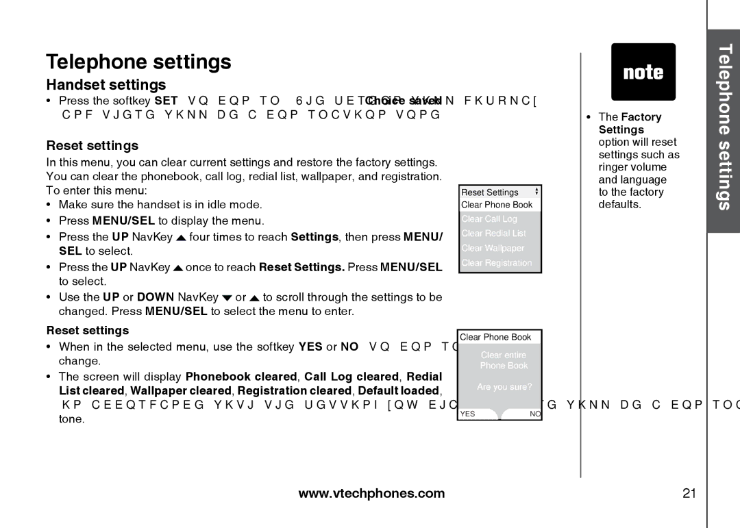 VTech 5873, i5871 important safety instructions Reset settings 