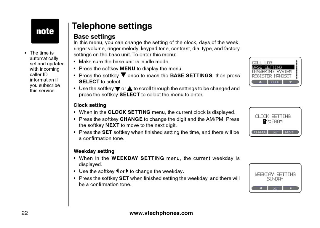 VTech i5871, 5873 important safety instructions Base settings, Weekday setting 