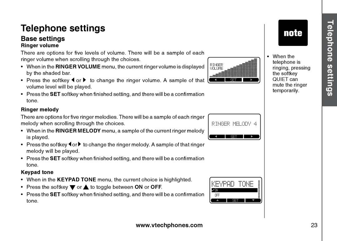 VTech 5873, i5871 important safety instructions Ringer volume, Ringer melody, Keypad tone 