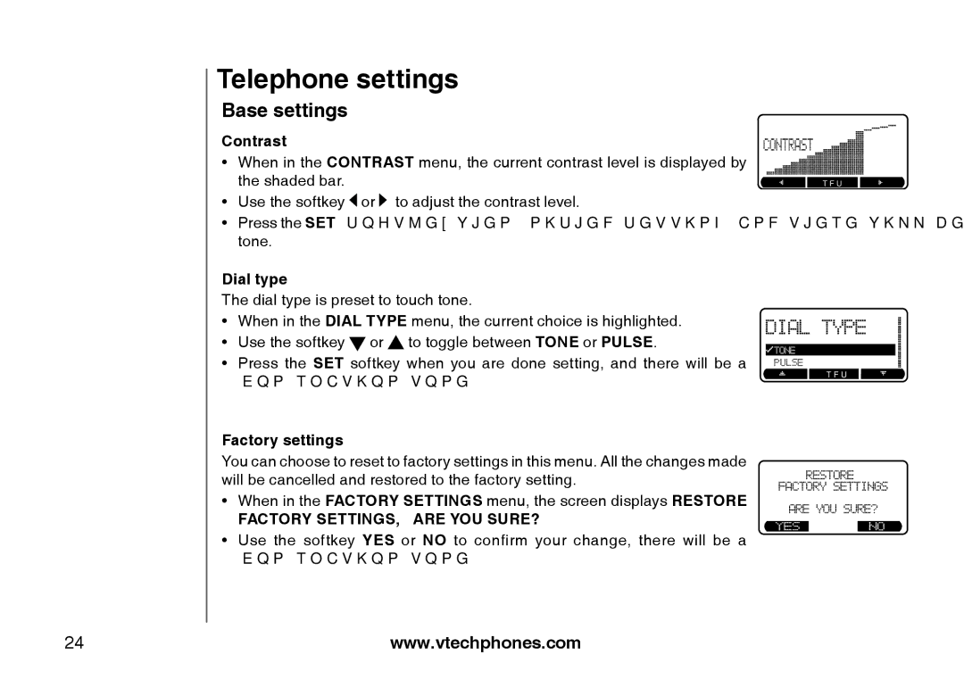 VTech i5871, 5873 important safety instructions Contrast, Dial type, Factory settings 