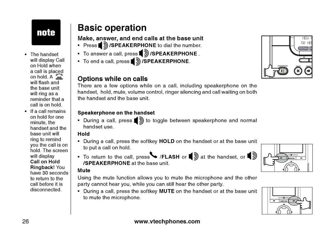 VTech i5871, 5873 important safety instructions Options while on calls, Speakerphone on the handset, Hold, Mute 