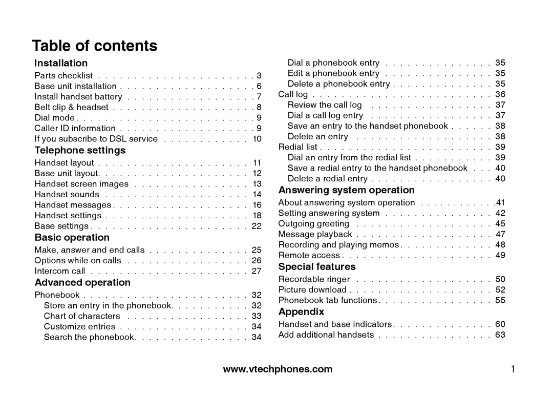 VTech 5873, i5871 important safety instructions Table of contents 