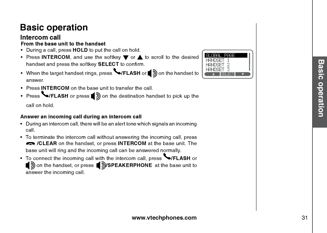 VTech 5873, i5871 From the base unit to the handset, Answer an incoming call during an intercom call 