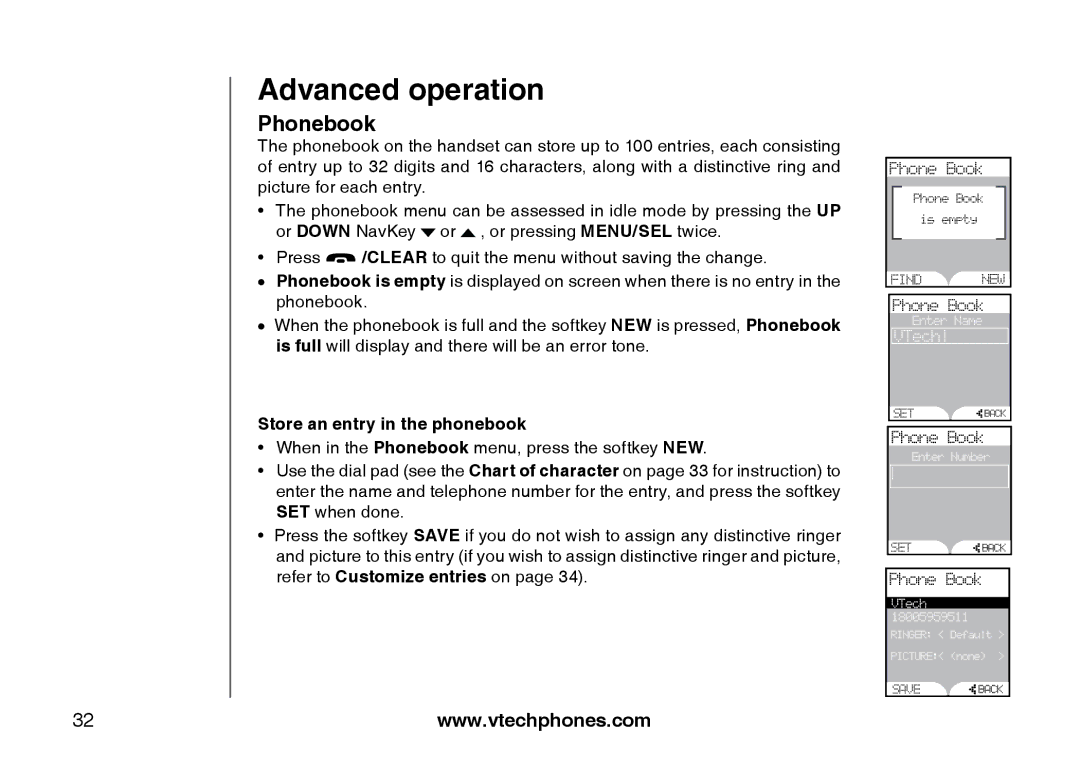 VTech i5871, 5873 important safety instructions Advanced operation, Phonebook, Store an entry in the phonebook 