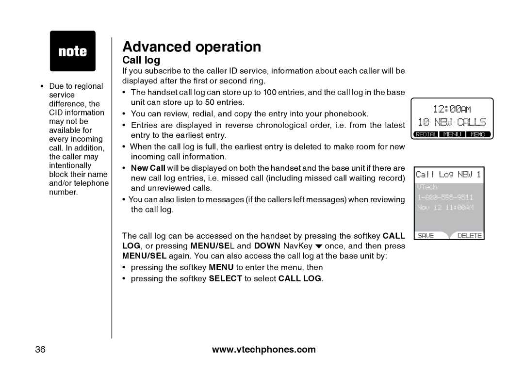 VTech i5871, 5873 important safety instructions Call log 