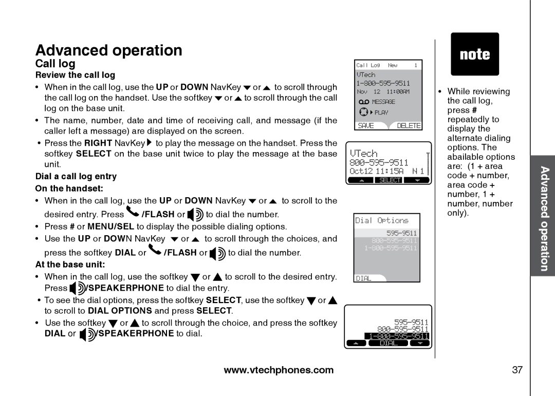 VTech 5873 Review the call log, Dial a call log entry On the handset, At the base unit, Dial or /SPEAKERPHONE to dial 