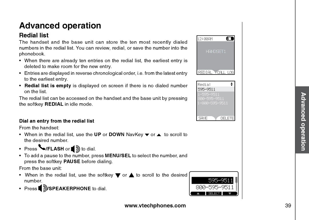 VTech 5873, i5871 important safety instructions Redial list, Dial an entry from the redial list 