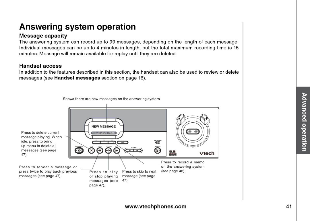 VTech 5873, i5871 important safety instructions Answering system operation, Message capacity 