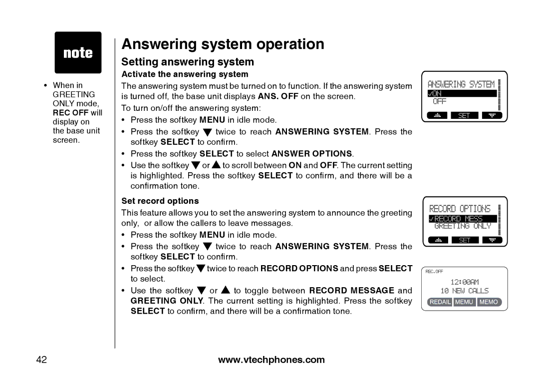 VTech i5871, 5873 important safety instructions Setting answering system, Activate the answering system, Set record options 