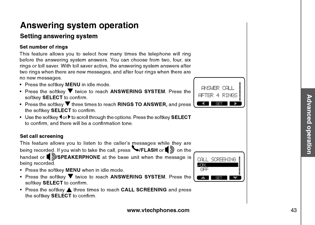 VTech 5873, i5871 important safety instructions Set number of rings, Set call screening 