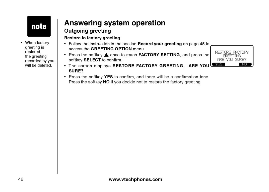 VTech i5871, 5873 Restore to factory greeting, Screen displays Restore Factory GREETING, are YOU 