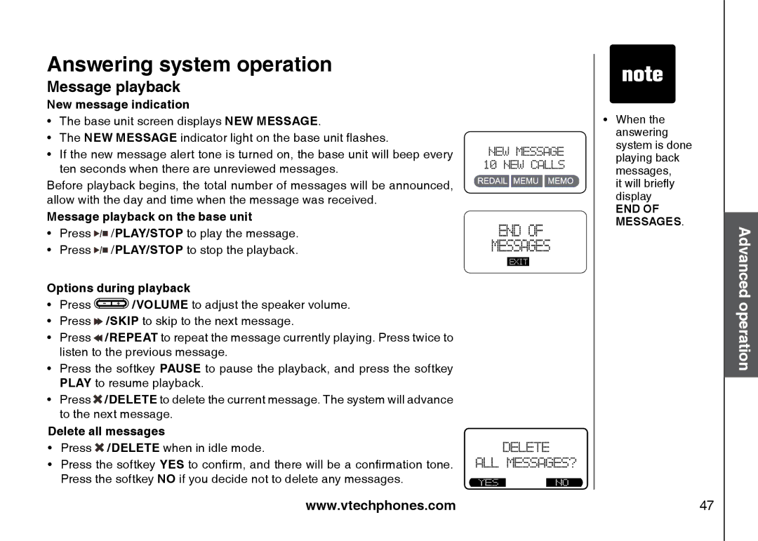 VTech 5873, i5871 important safety instructions New message indication, Message playback on the base unit 