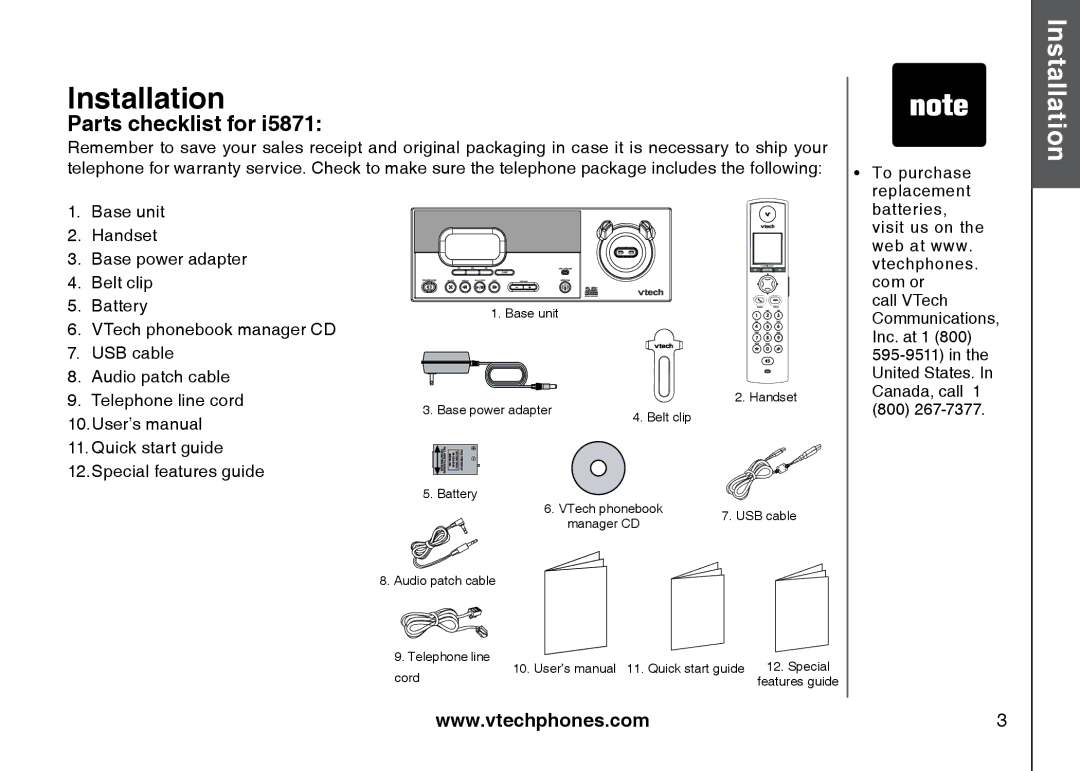 VTech 5873, i5871 important safety instructions Installation, Parts checklist for 