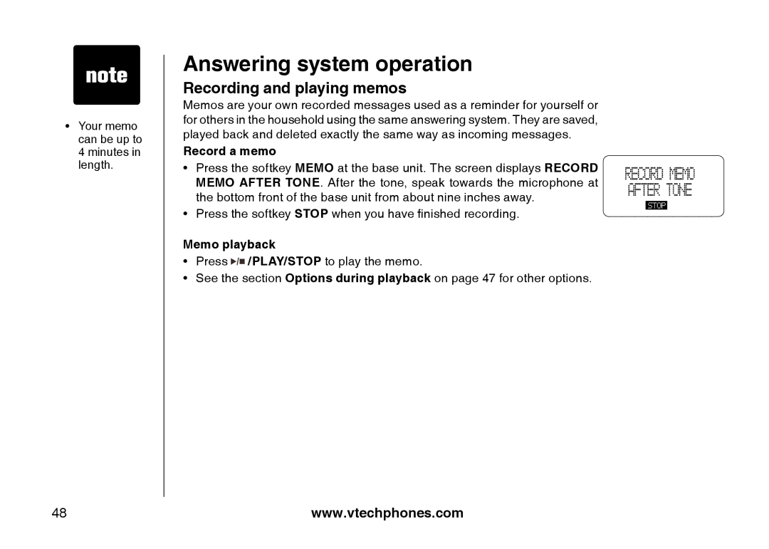 VTech i5871, 5873 important safety instructions Recording and playing memos, Record a memo, Memo playback 