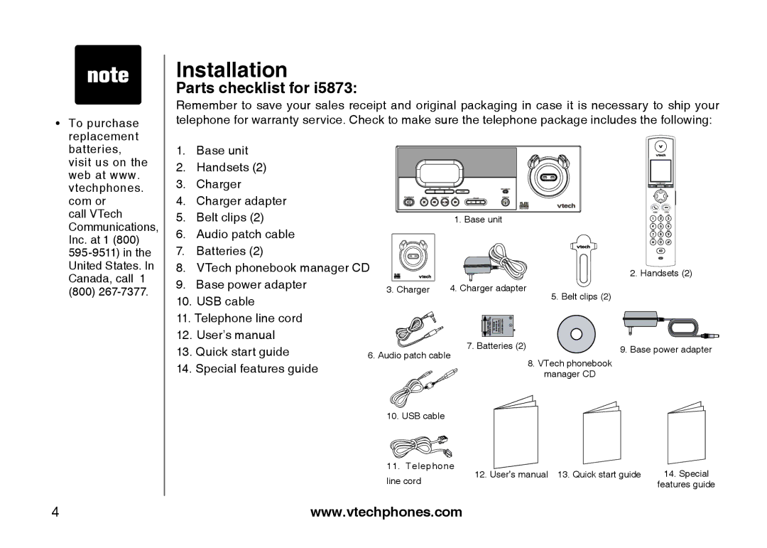 VTech i5871, 5873 important safety instructions Base unit Handsets Charger Charger adapter Belt clips 