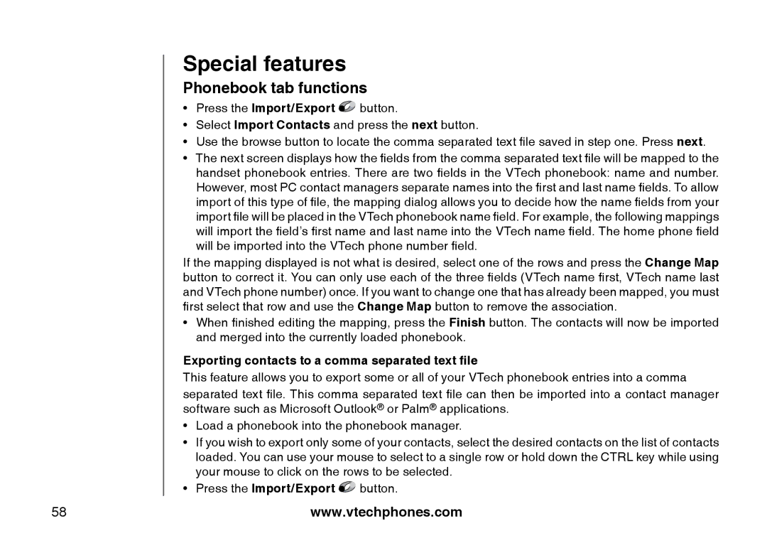 VTech i5871, 5873 important safety instructions Exporting contacts to a comma separated text file 