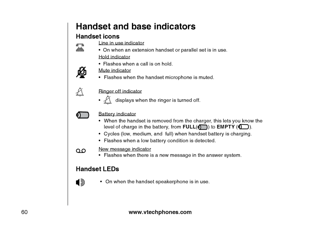 VTech i5871, 5873 important safety instructions Handset and base indicators, Handset icons, Handset LEDs 