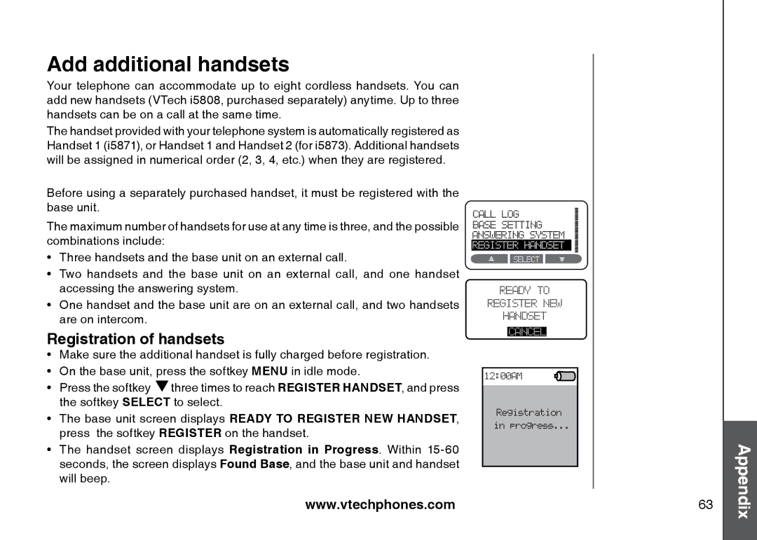 VTech 5873, i5871 important safety instructions Add additional handsets, Registration of handsets 