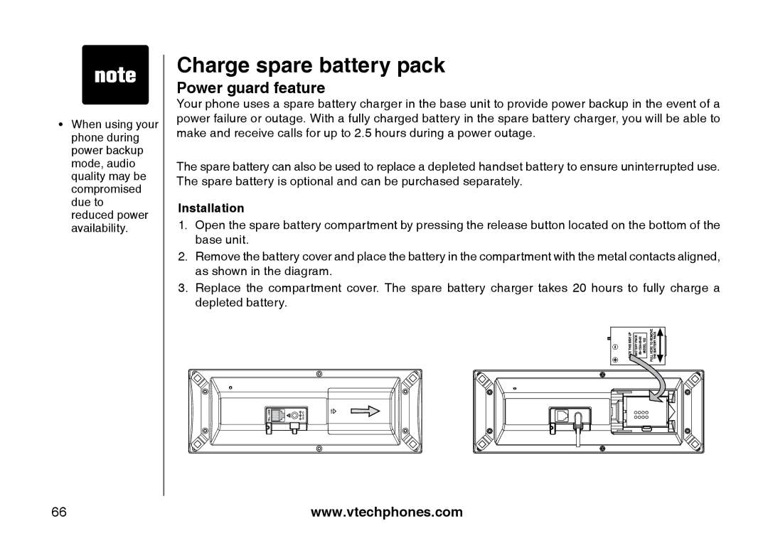 VTech i5871, 5873 important safety instructions Charge spare battery pack, Power guard feature, Installation 