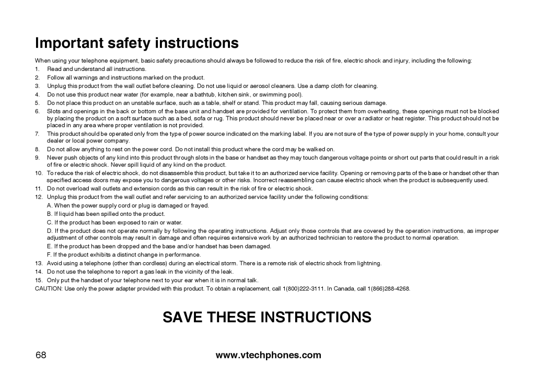 VTech i5871, 5873 important safety instructions Important safety instructions 