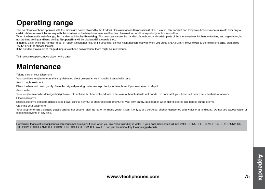 VTech 5873, i5871 important safety instructions Operating range, Maintenance 